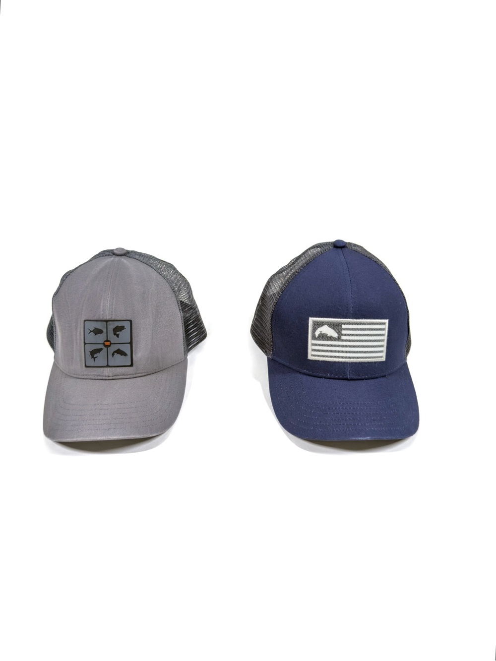 Lot of 2 Simms Fishing Trucker Snapback Hats Gray And Navy Blue OS